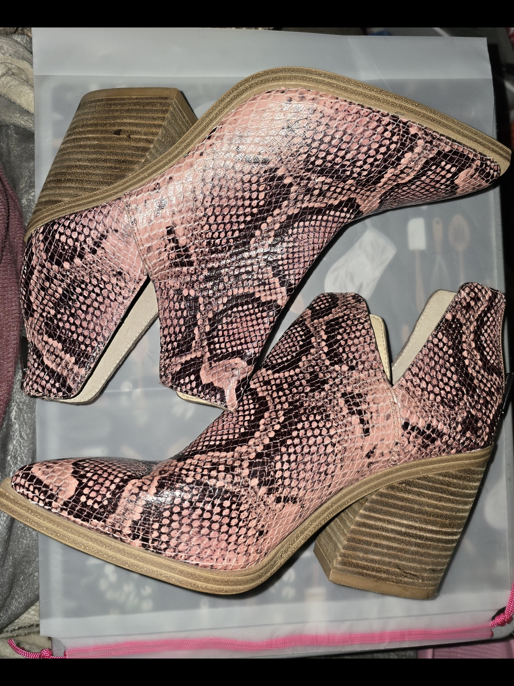 Vince Camuto Pink Snake-Print Cutout Block Heel Boots